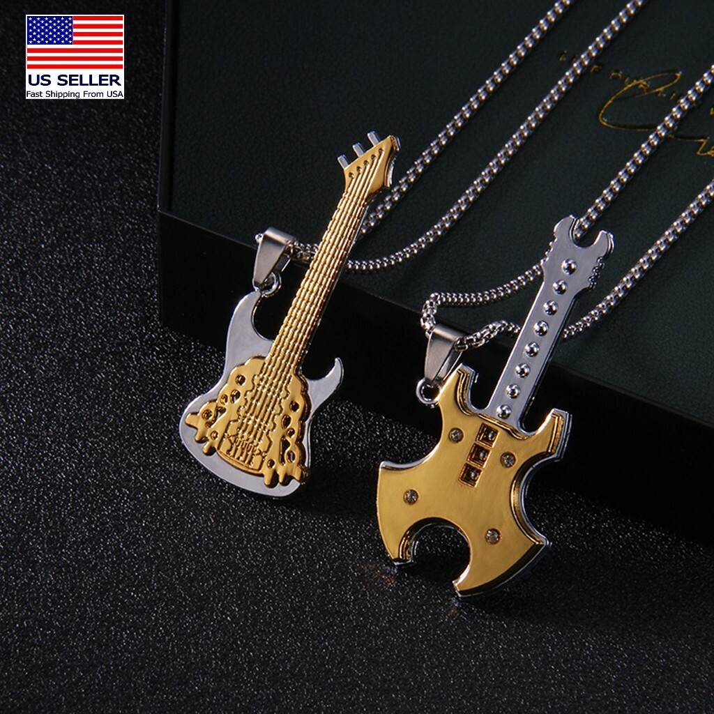 MEN Stainless Steel Rock Music Guitar Bass Pendant Necklace 27″ Chain 0208
