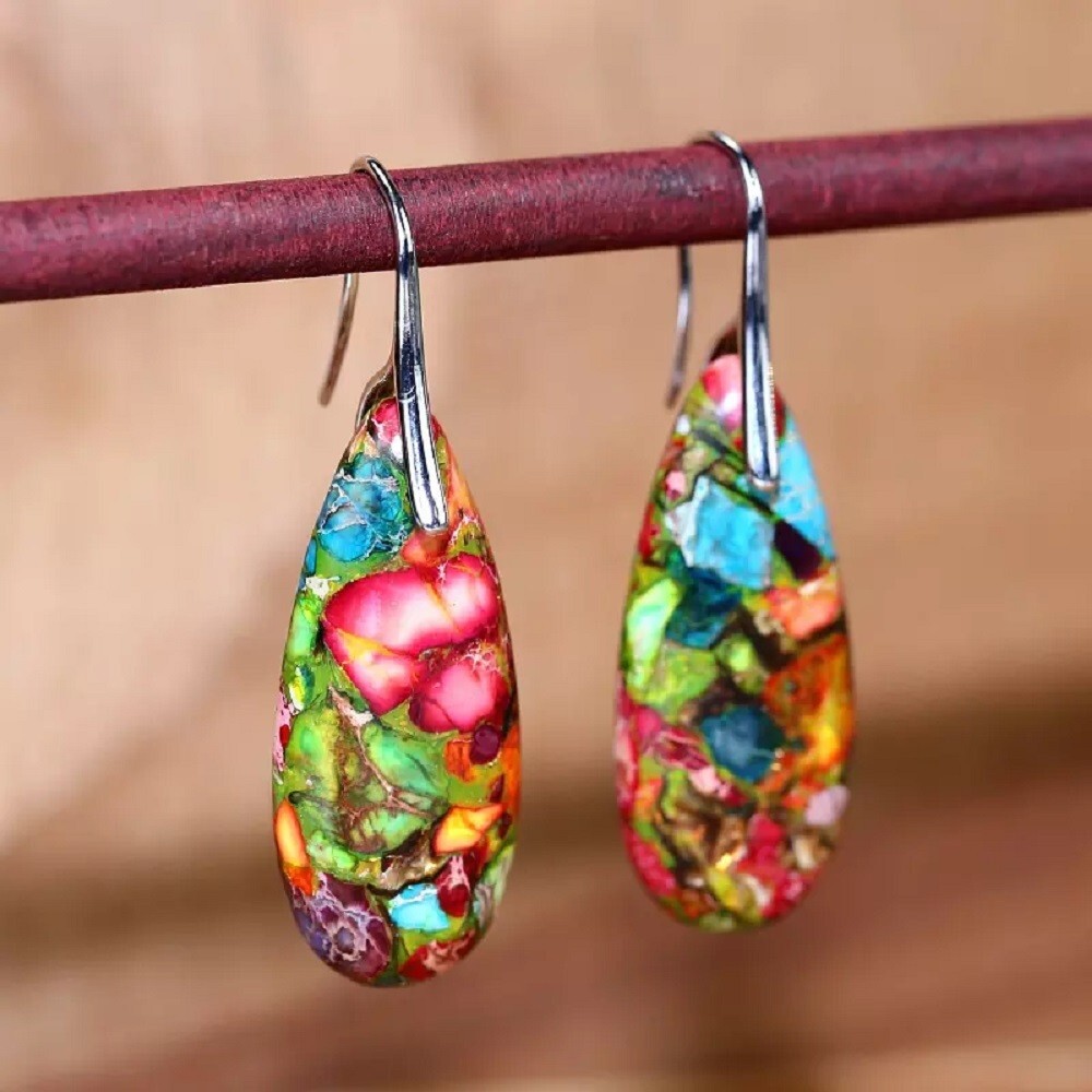Natural Tropic Sea Sediment Jasper Stone Teardrop Earrings for Inner Peace Heal
