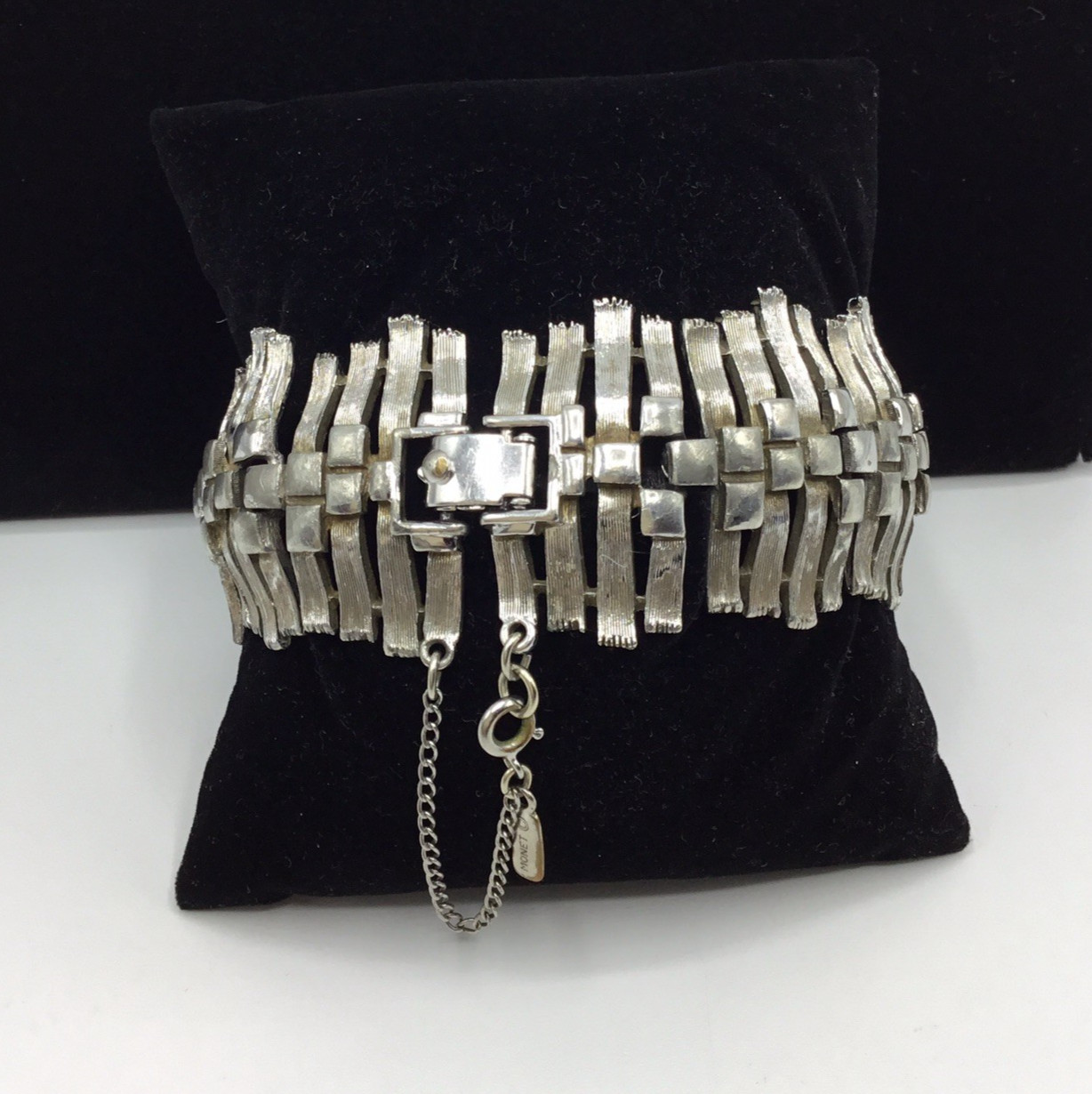 Vintage Monet Silver Tone Brutalist Bracelet with Safety Chain