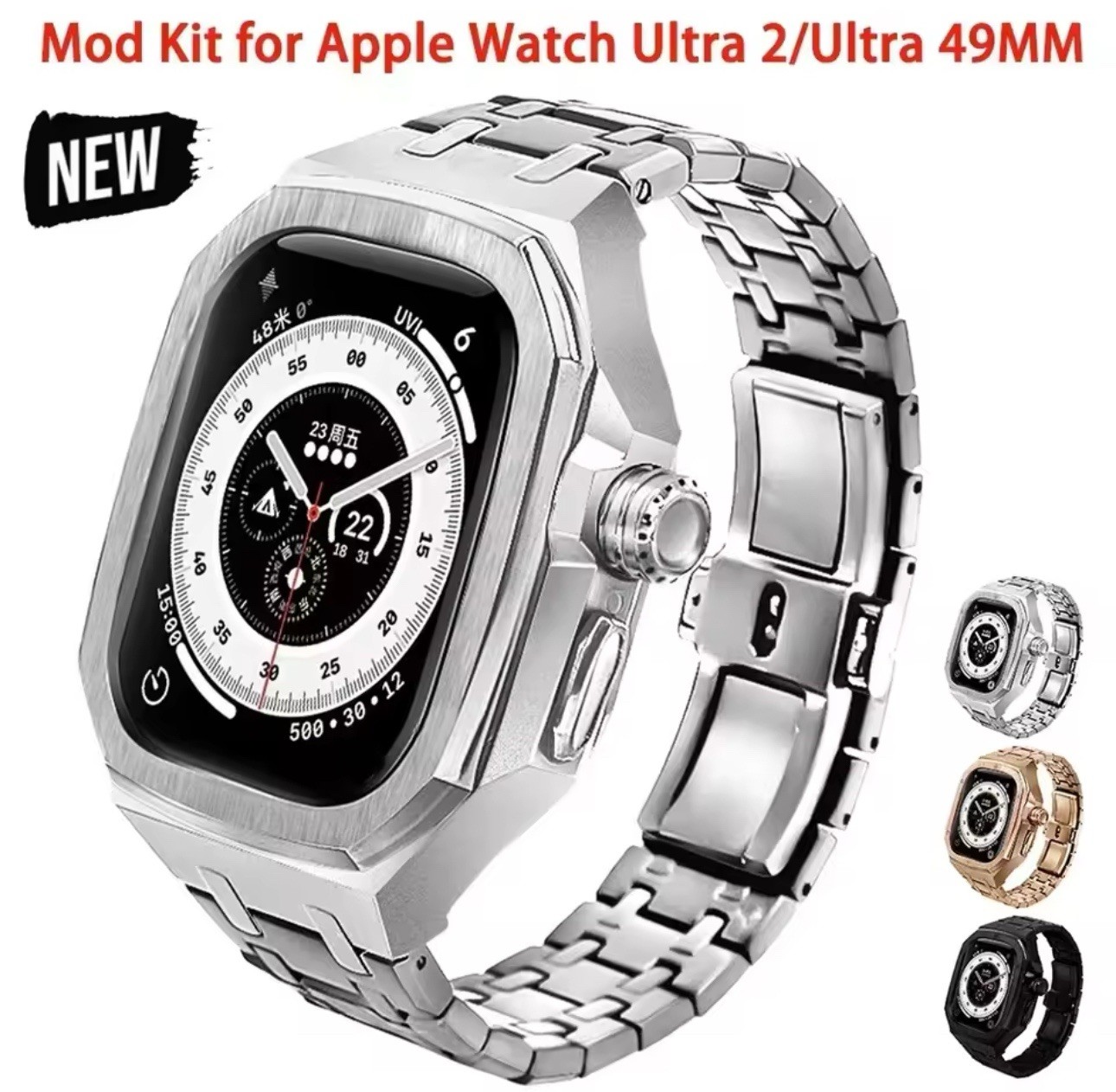 New Silver Luxury Stainless Steel Case Band for Apple Watch Ultra 1 2 49mm