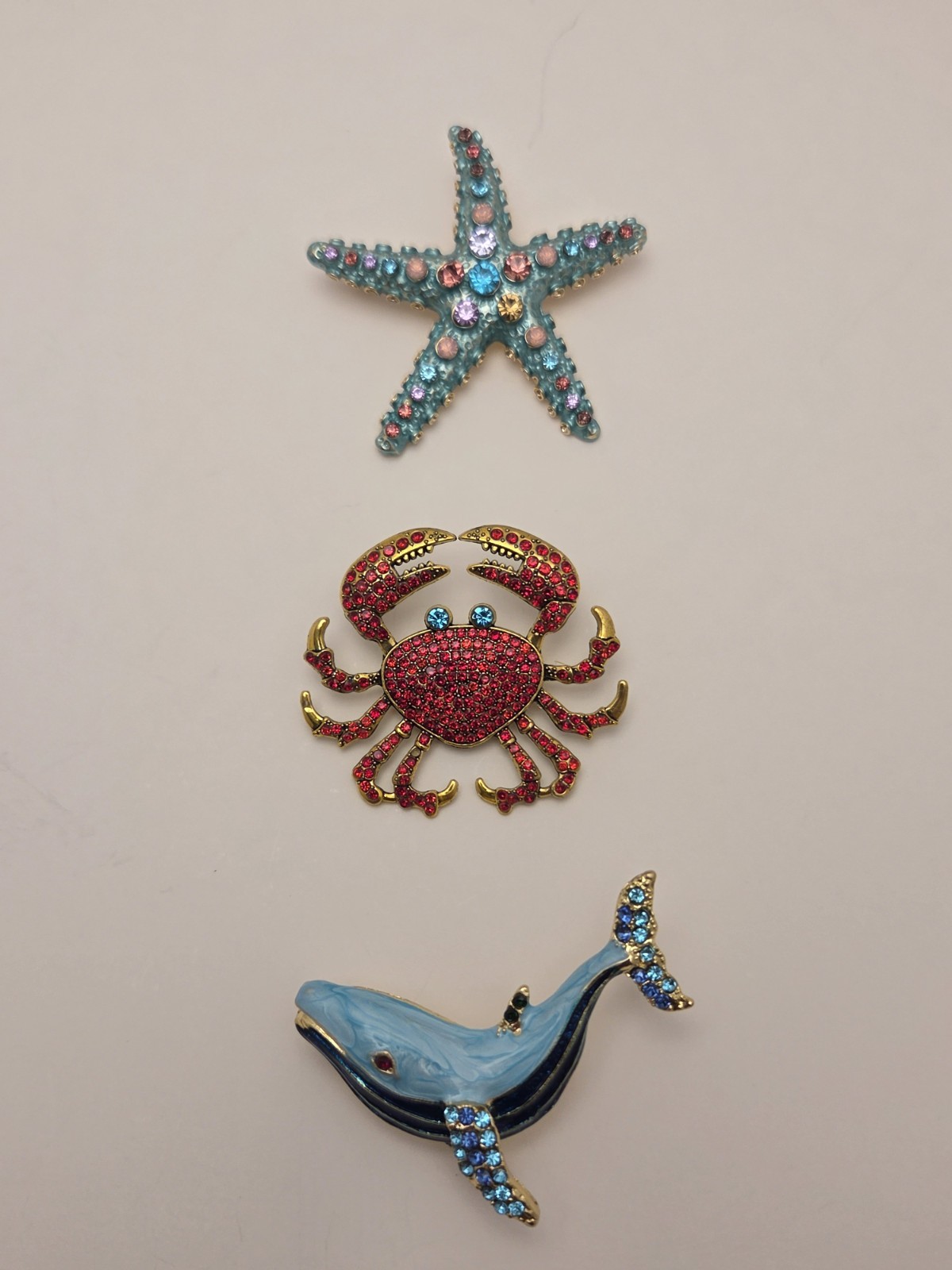 Lot of 3 Sea Life Brooch Pins Rhinestone Enamel Crab Starfish Whale 2 in