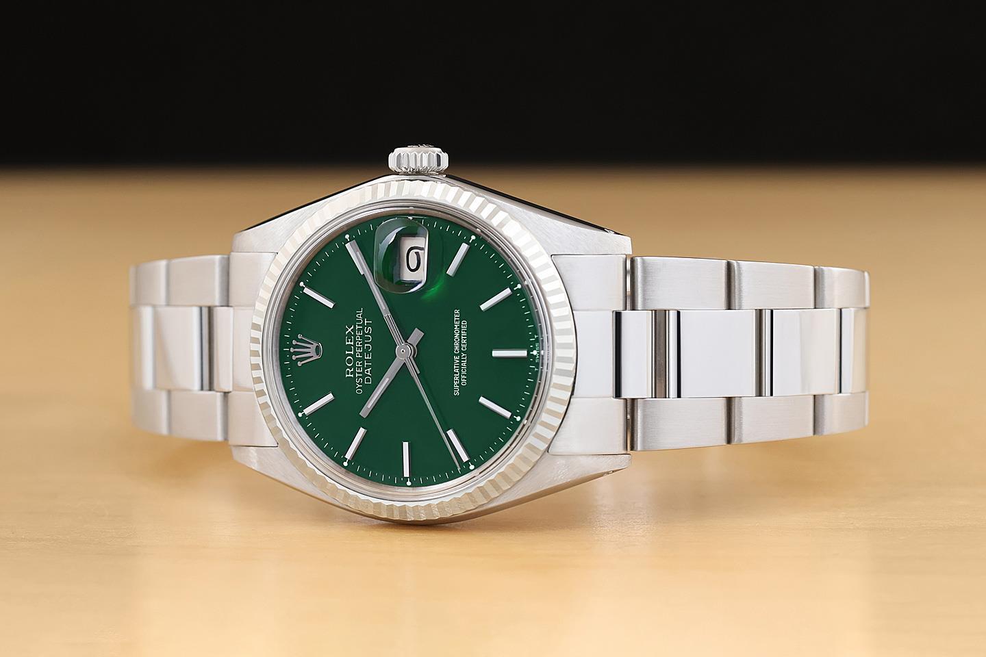 ROLEX MENS DATEJUST 18K GOLD STAINLESS STEEL GREEN DIAL WATCH w/ OYSTER BAND
