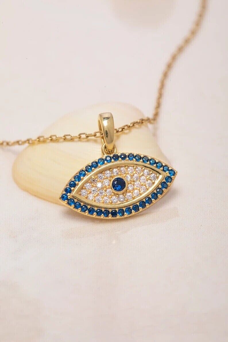 1.90Ct Round Simulated Sapphire Evil Eye Fancy Pendant In 14K Yellow Gold Plated