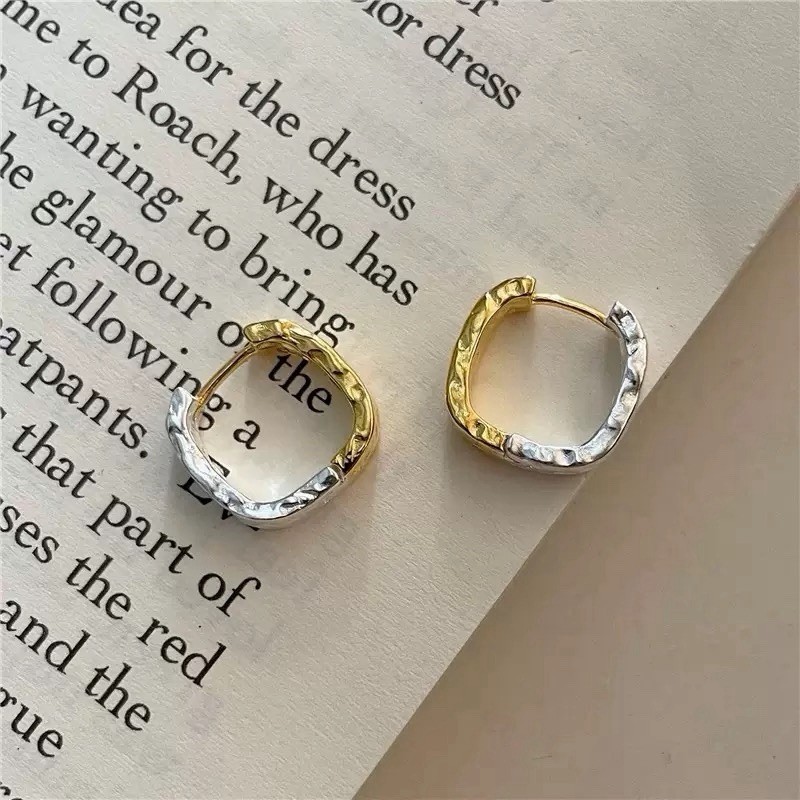 Two Tone Hammered Hoop Earrings 925 Silver Gold Silver Huggie Earrings 318