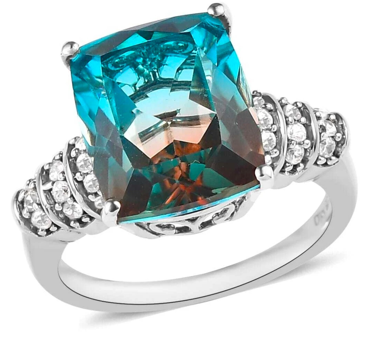 6.40ctw Aqua Terra Costa Quartz (Triplet) & Zircon Ring Platinum Plated Size 7