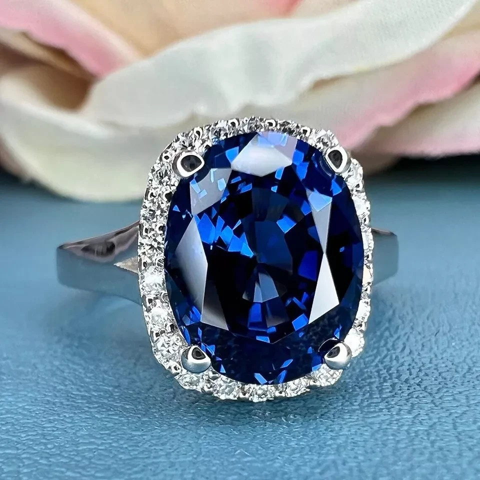 5.35 Ct Oval Natural Sapphire & Diamond Wedding Ring 14K White Gold Size 8