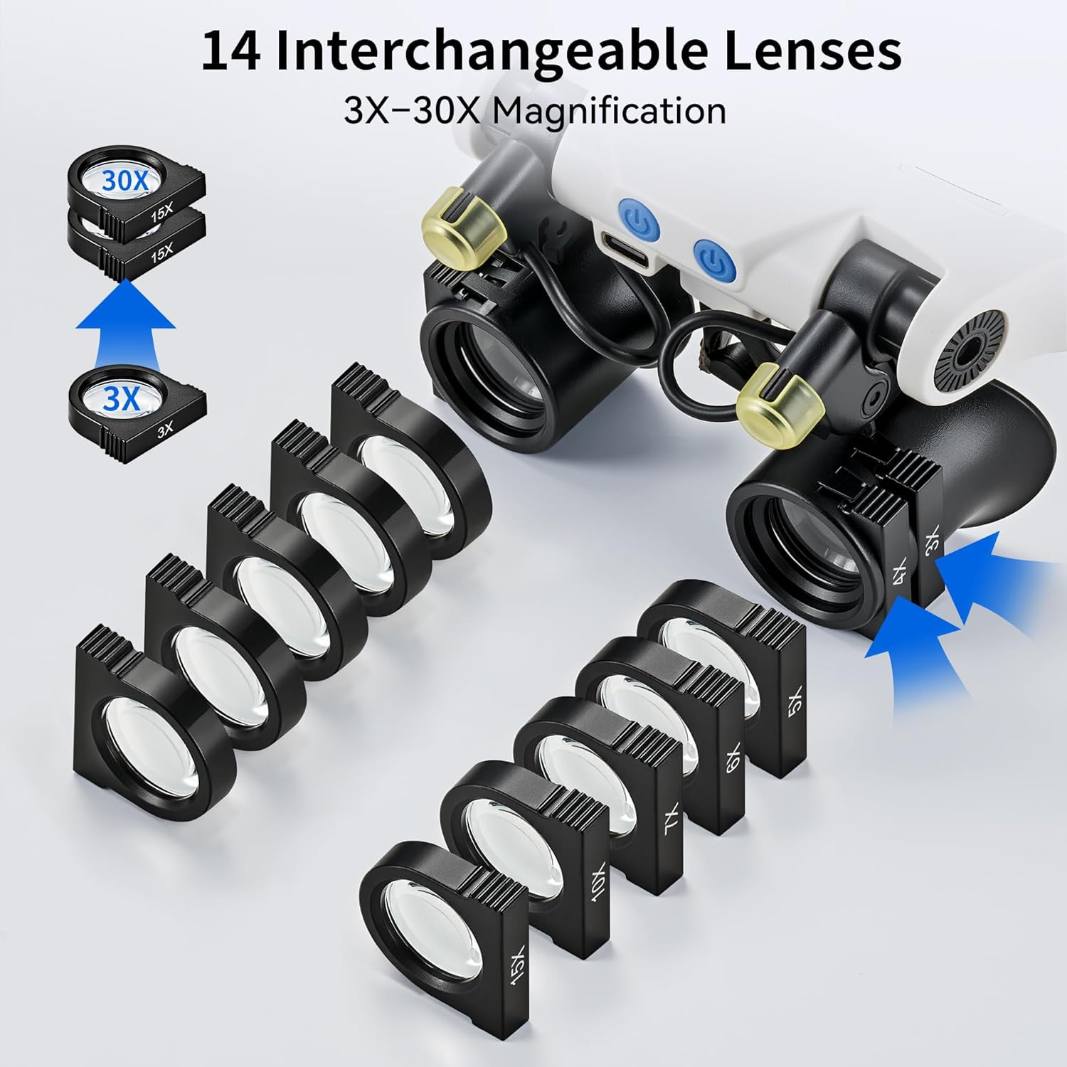 Magnifying Glasses with LED Light, Hands Free Magnifier with 14 Interchangeable