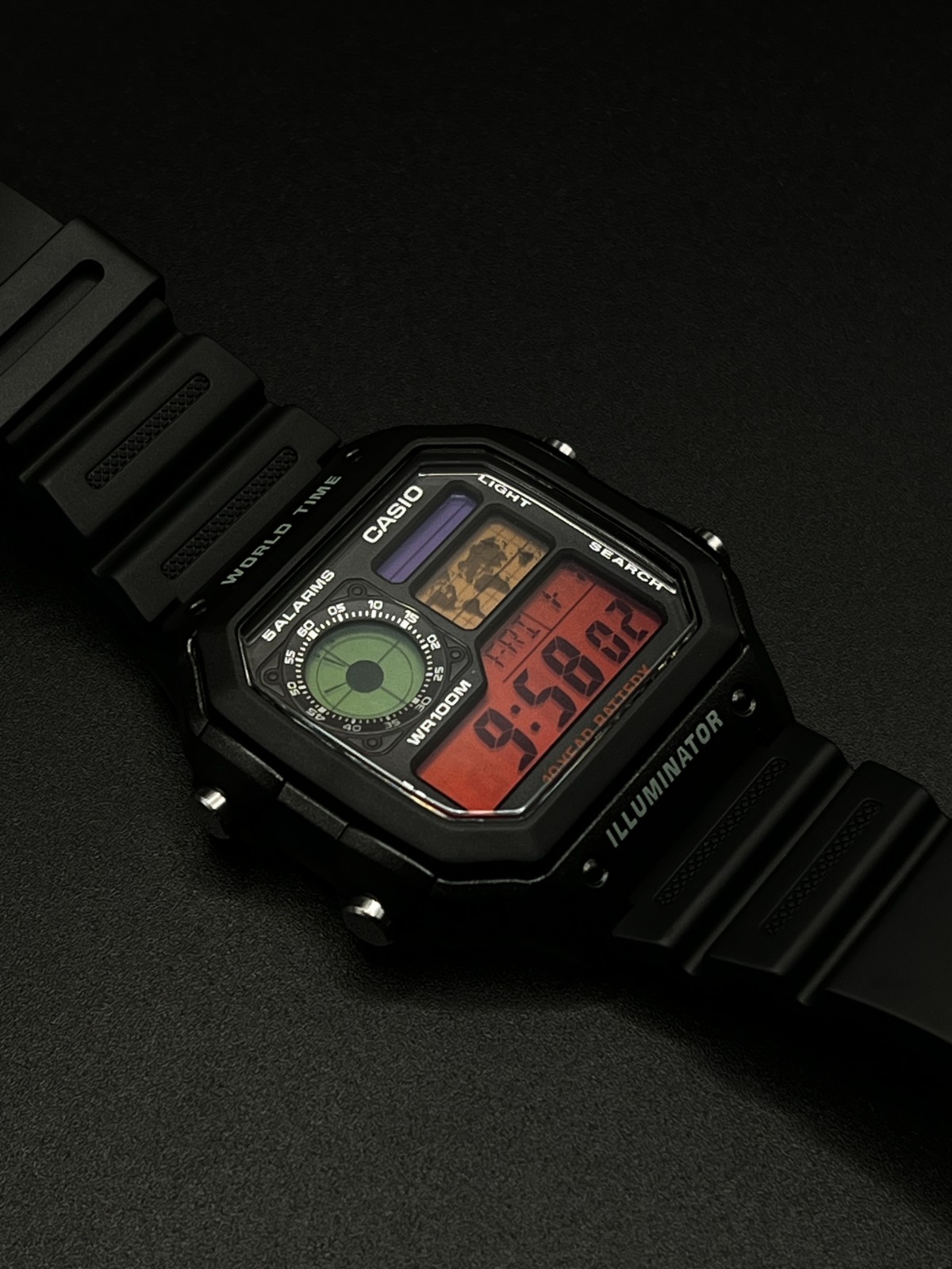 “Cyberpunk” | Custom 🔴🟢🟠🟣 Casio World Time Illuminator | Royale | AE-1200WH