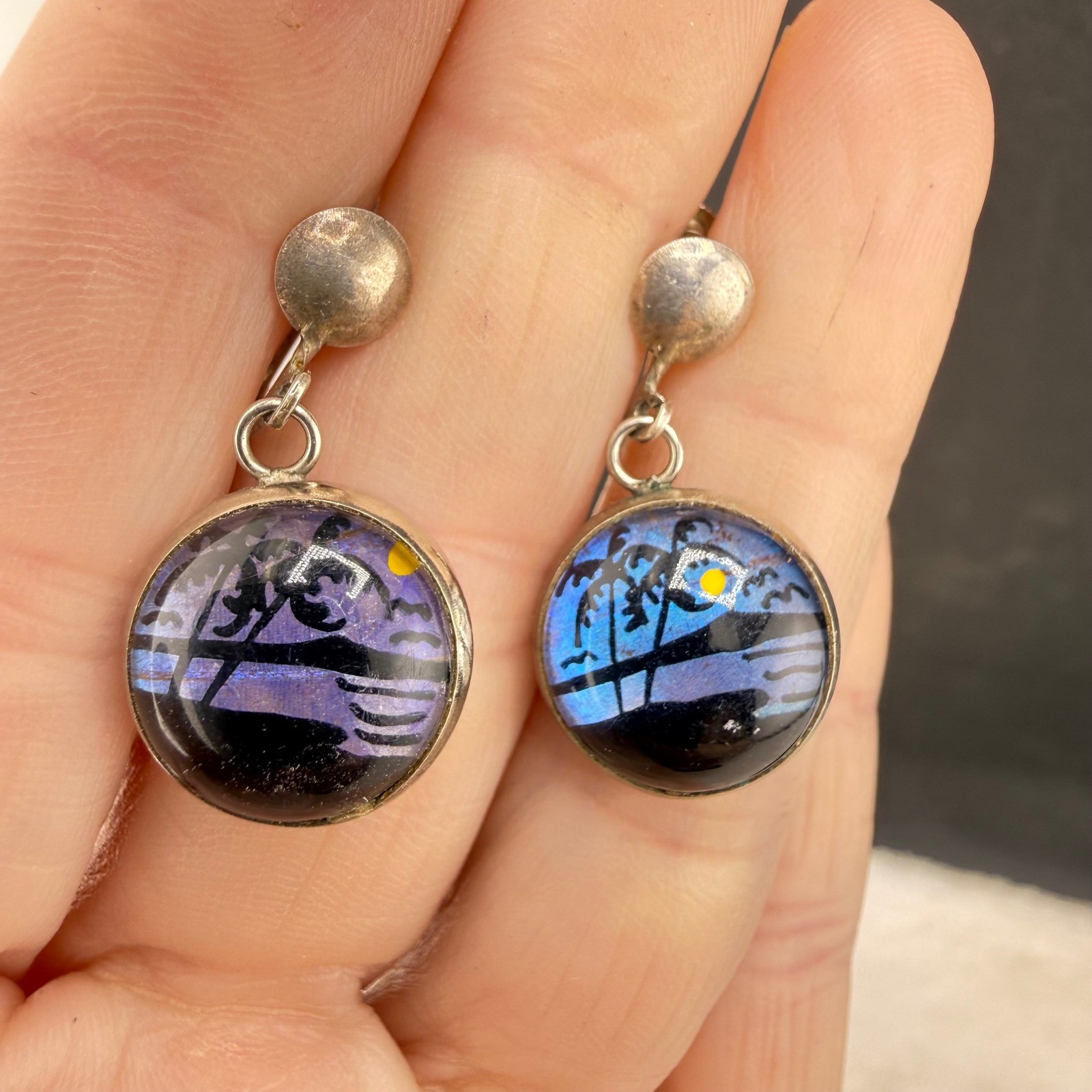 Vintage Morpho Butterfly Wing Earrings Blue Sterling Palm Tree Screw Back