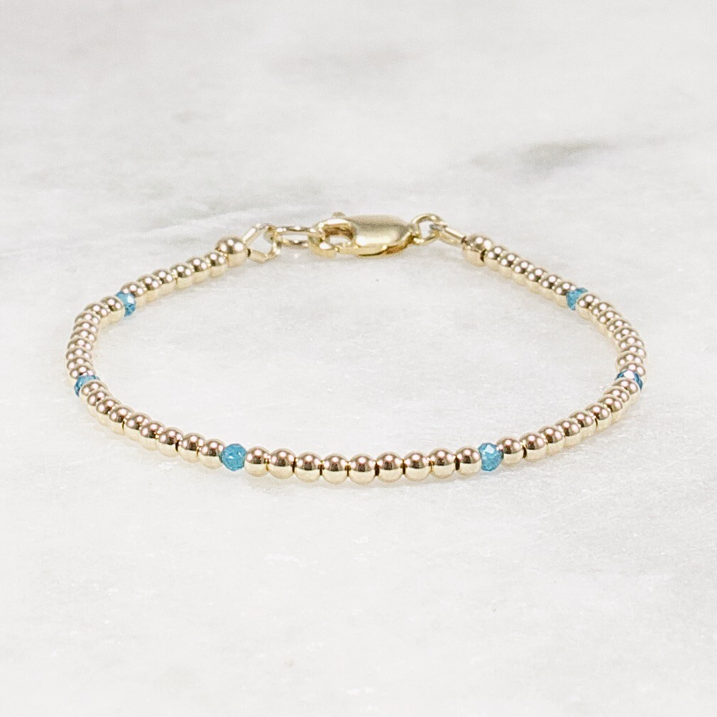 Gold and Apatite Beaded Bracelet, 14k Gold Filled, Neon Blue Apatite