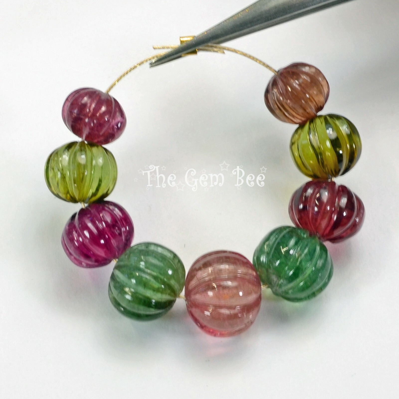7.8mm-10.6mm Fine Candy Tourmaline Carved Melon Fluted Bead 2.7″ Strand (9)
