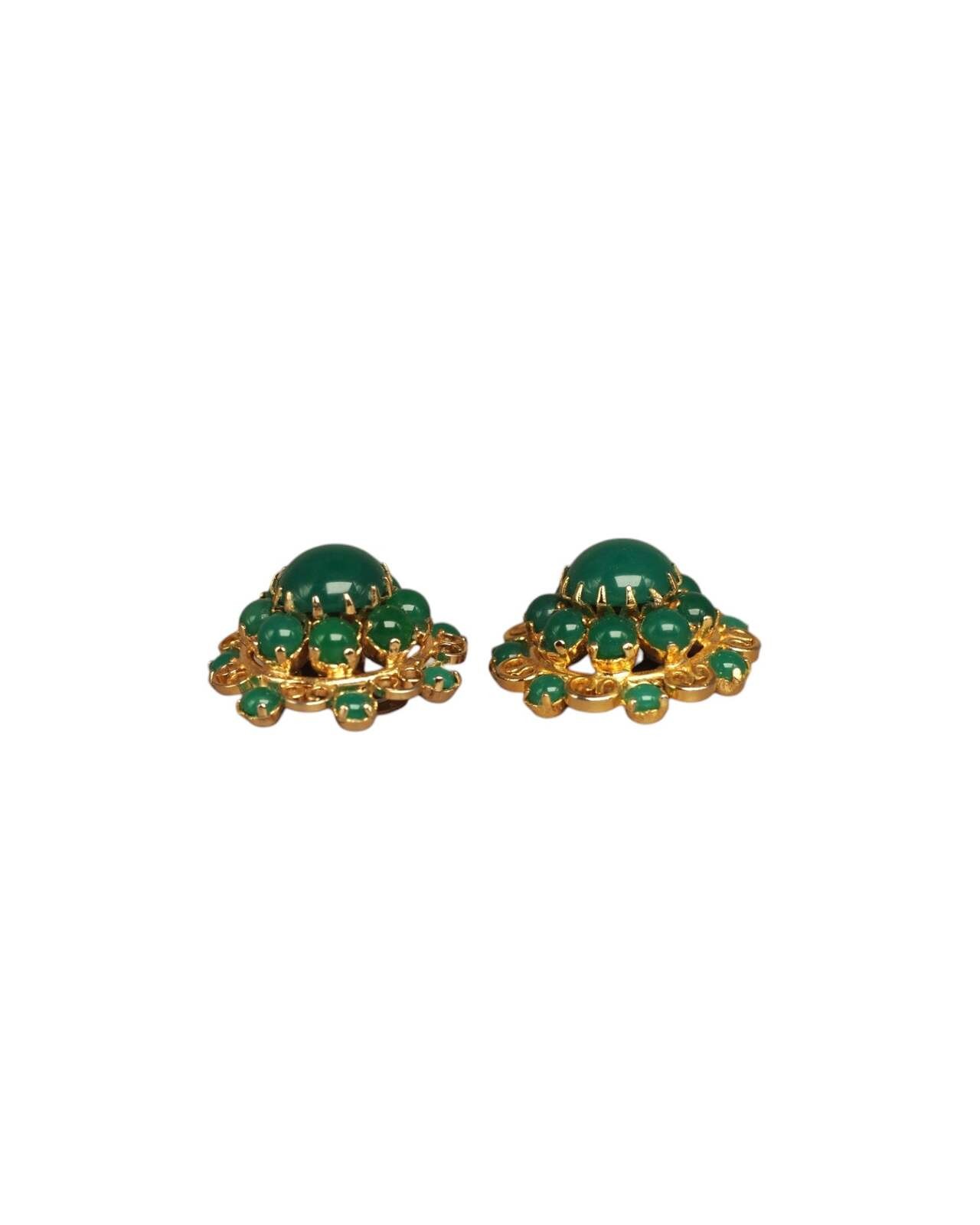 Mid-Century Gold-Tone Filigree Green Cabochon Clip-On Earrings