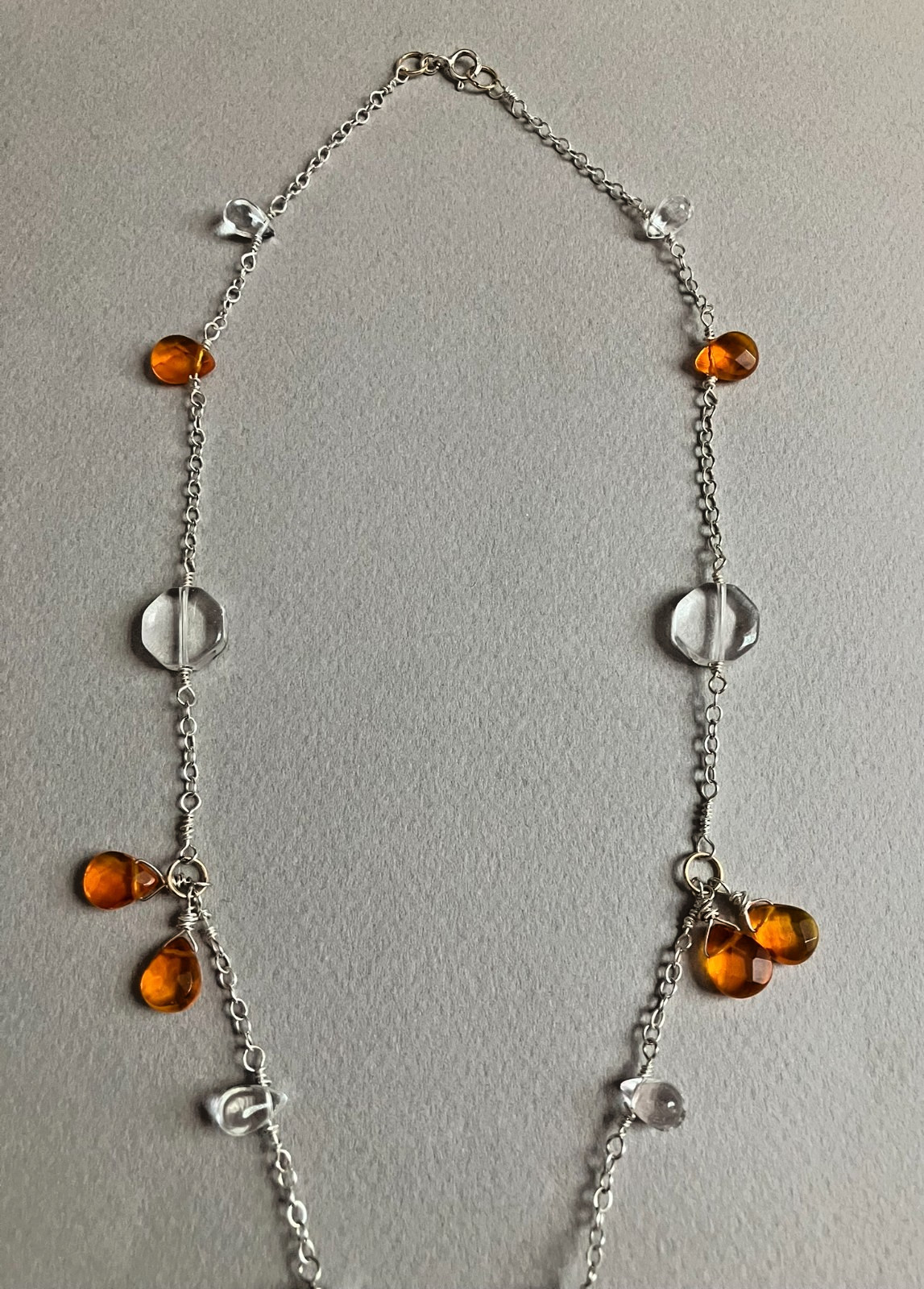 Handmade QUARTZ, Amber Glass, TWO TONE Sterling & Gold Plated Necklace 20.5 in
