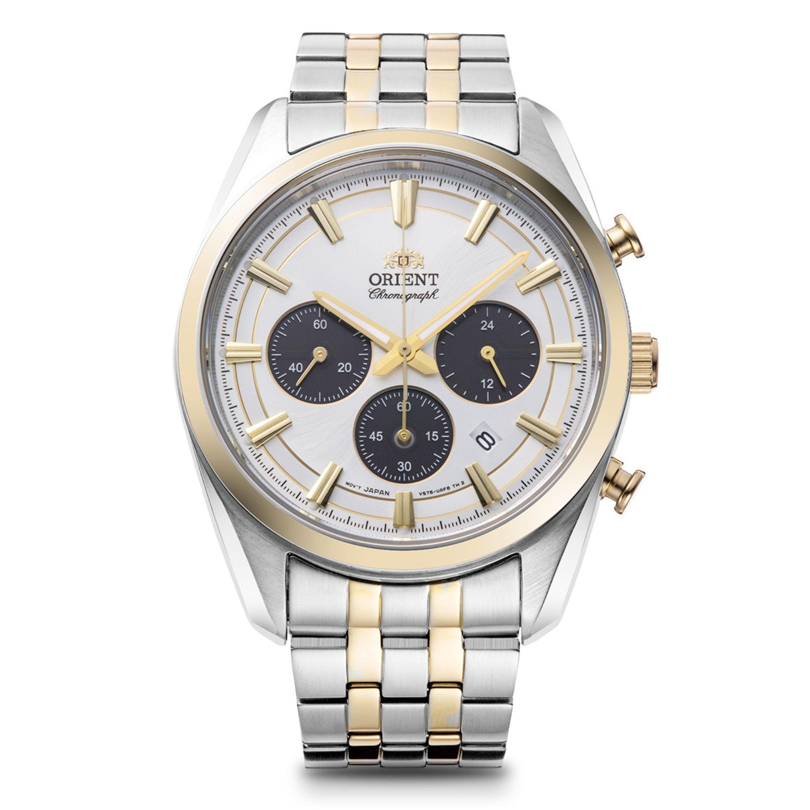 Orient Stretto Solar Chronograph White Dial Steel Strap Mens Watch RA-TX0302S10B