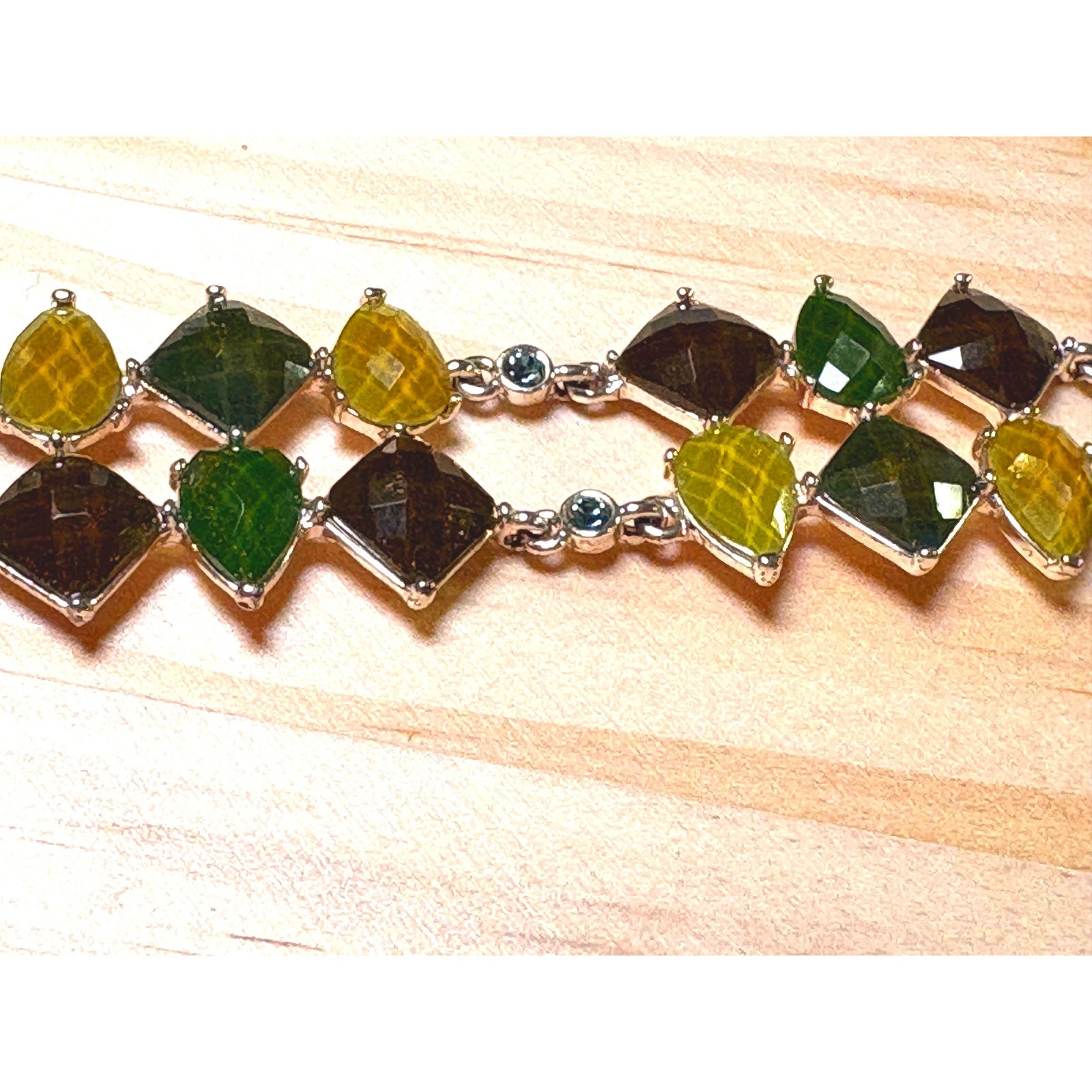 Gemstone Link Bracelet Women 7.75in Green Brown Good Double Row Kite