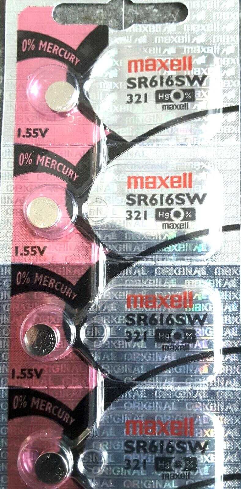 4 Pcs Maxell 321, SR616SW Silver Oxide Watch Battery 1.55V, SR65, 0%Hg.