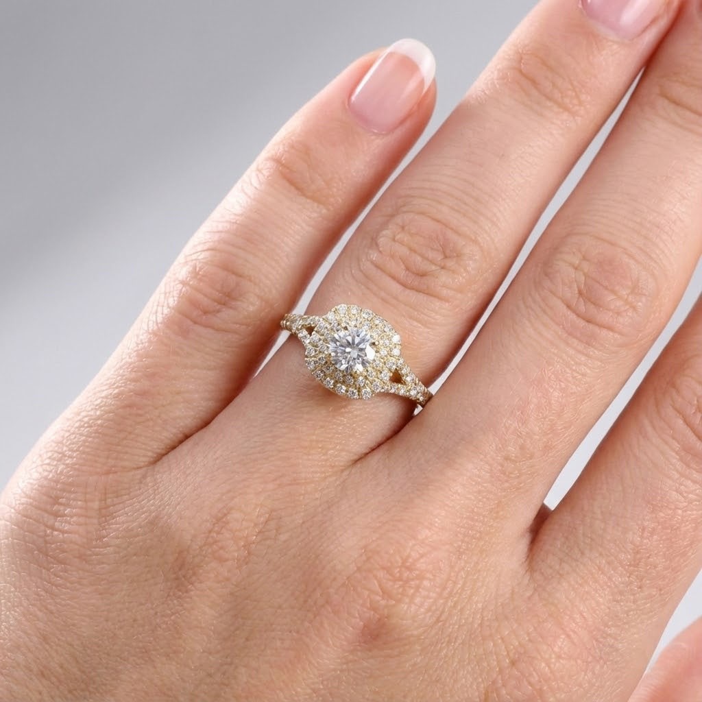 1.0 CTW Natural Diamond F/SI1 Round Cut 14K Yellow Gold 4-Prong Halo Accent Ring