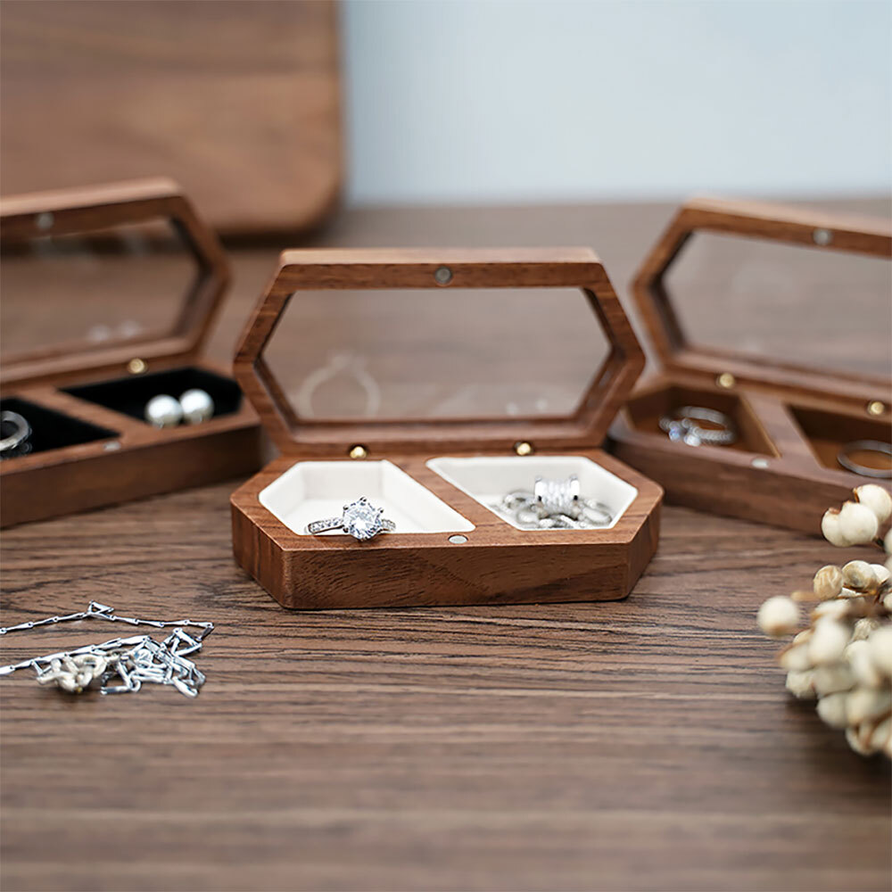 Walnut Wood Ring Display Box Plastic clear Crystal Box Jewelry Gems Storage Box
