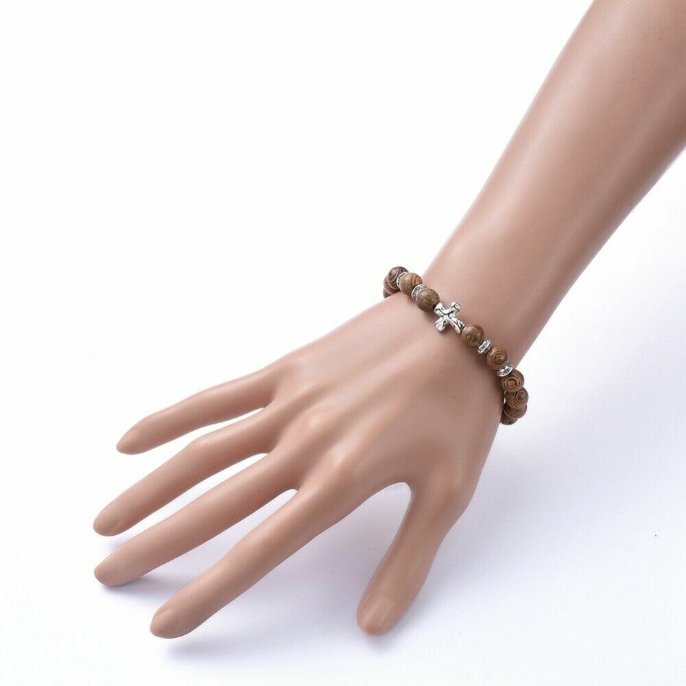 Stretch Bracelets, with Natural Wood Beads and Tibetan Style Alloy – 1 5 10