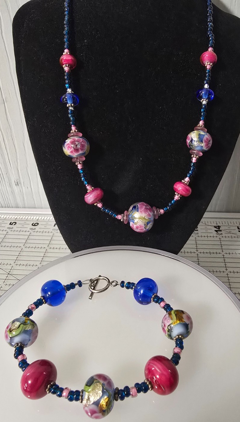 VTG Murano Glass Wedding Cake Fiorato Lampwork bead Necklace Bracelet Set 925