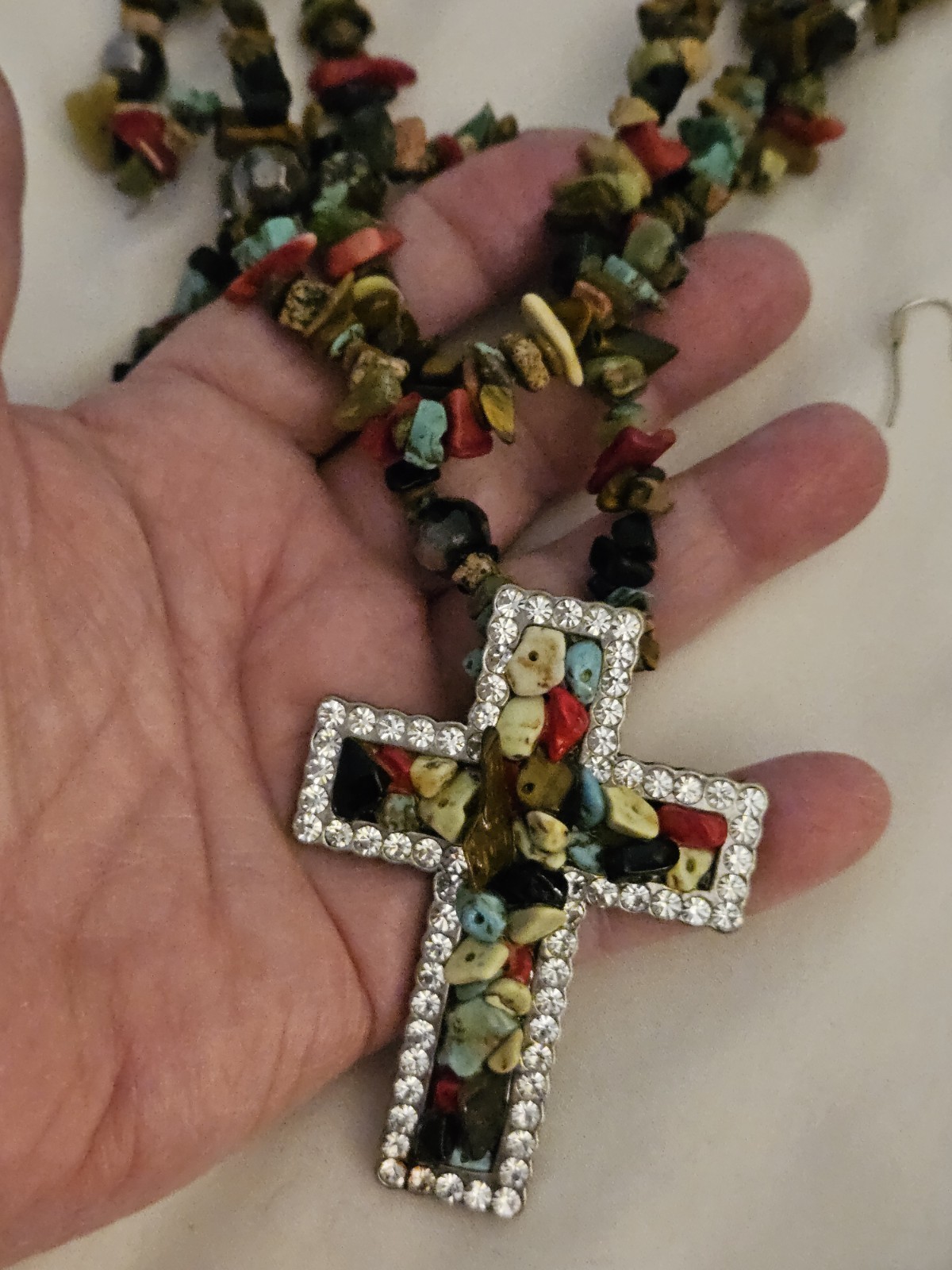Cross Pendant Necklace & Earrings Set, Colorful Chip Stone Beads Fashion Jewelry
