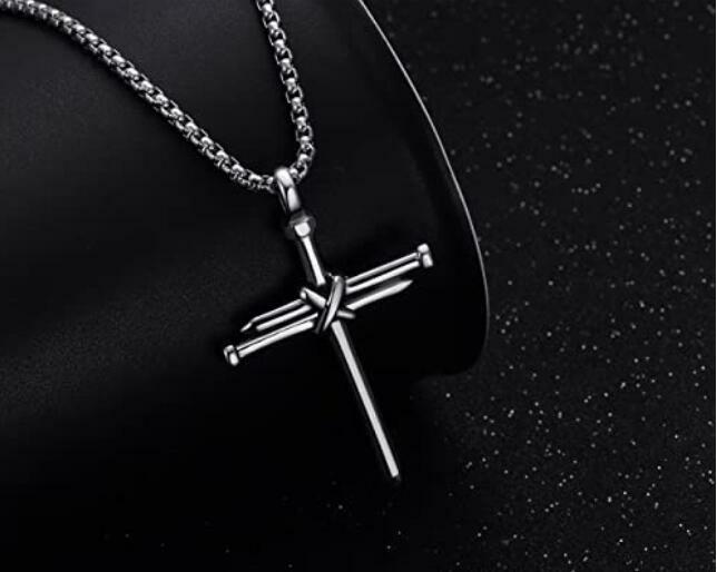 Men’s Stainless Steel Nail Cross Pendant Necklace 24 Inch Chain Polished Silver