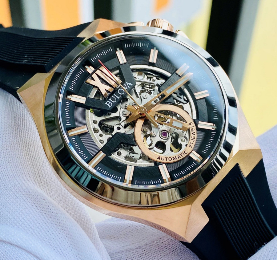 Bulova Maquina Automatic 98A177 Sapphire Rose Gold Black Dial Silicone Watch