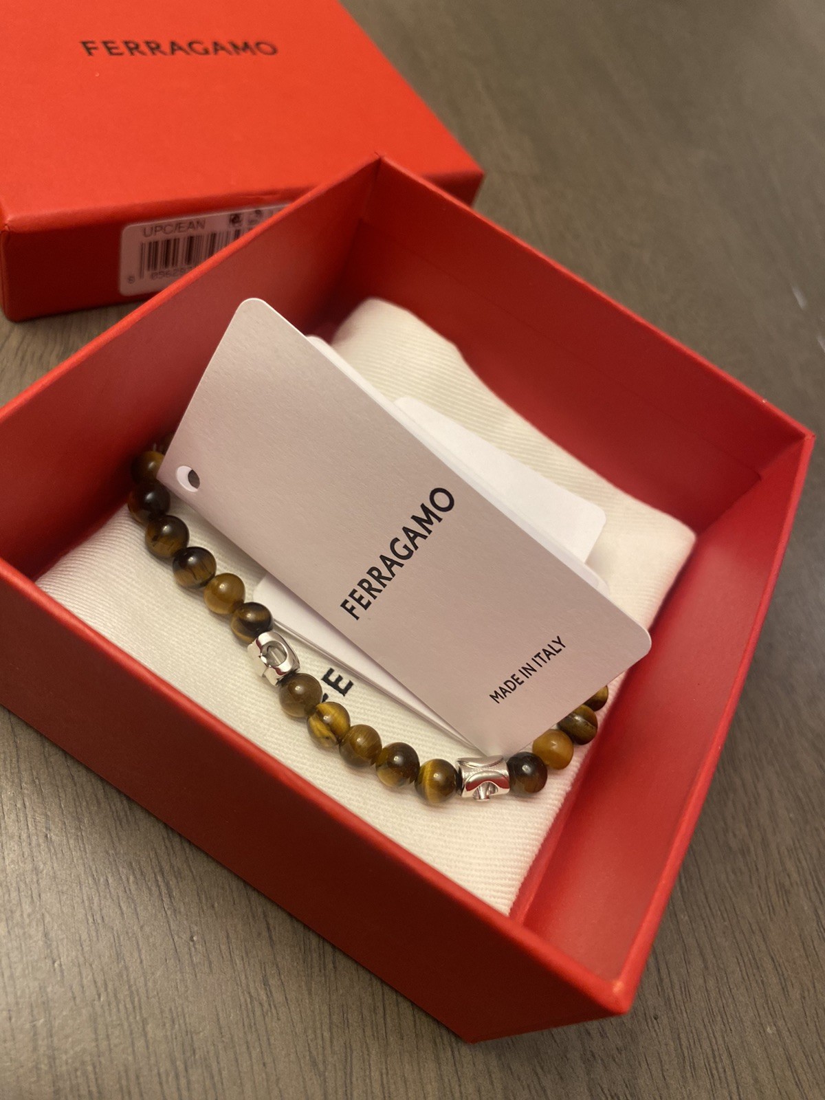 Ferragamo Mens Semi-Precious Tiger Eye Stones Logo Stretch Bracelet 19 NEW