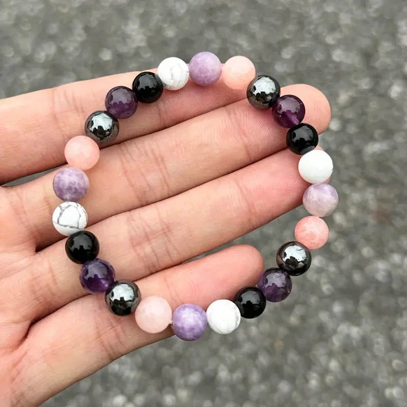 Black Tourmaline Rose Quartz Hematite Round Crystal Bracelet Gift for Nana Women