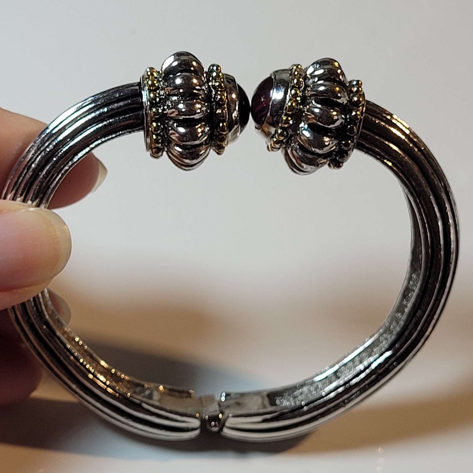 Vintage Heavy Silver And Gold Hinged Bangle Bracelet With Dark Burgundy Stones