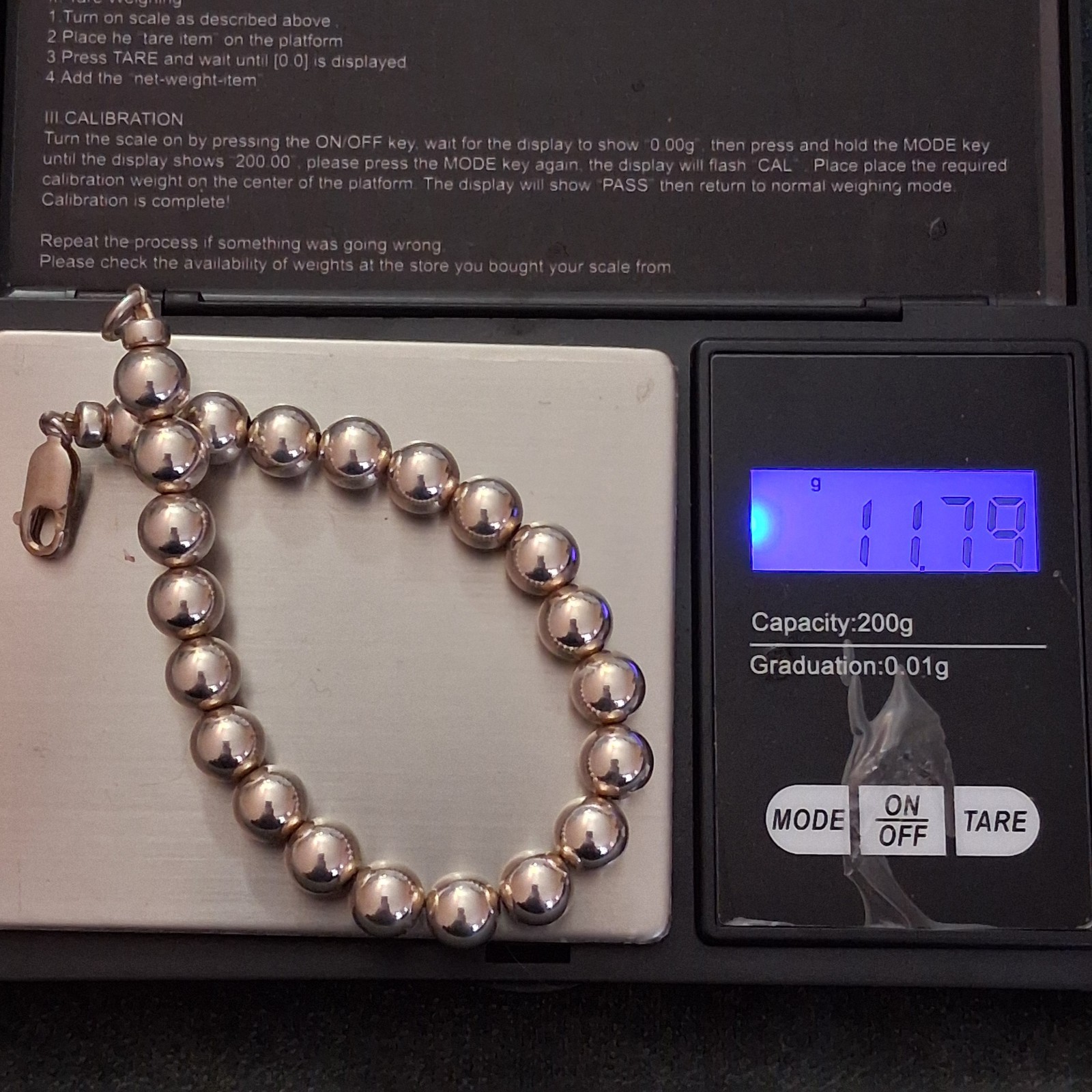 Sterling Silver 8mm Bead Bracelet 7.5inch Long
