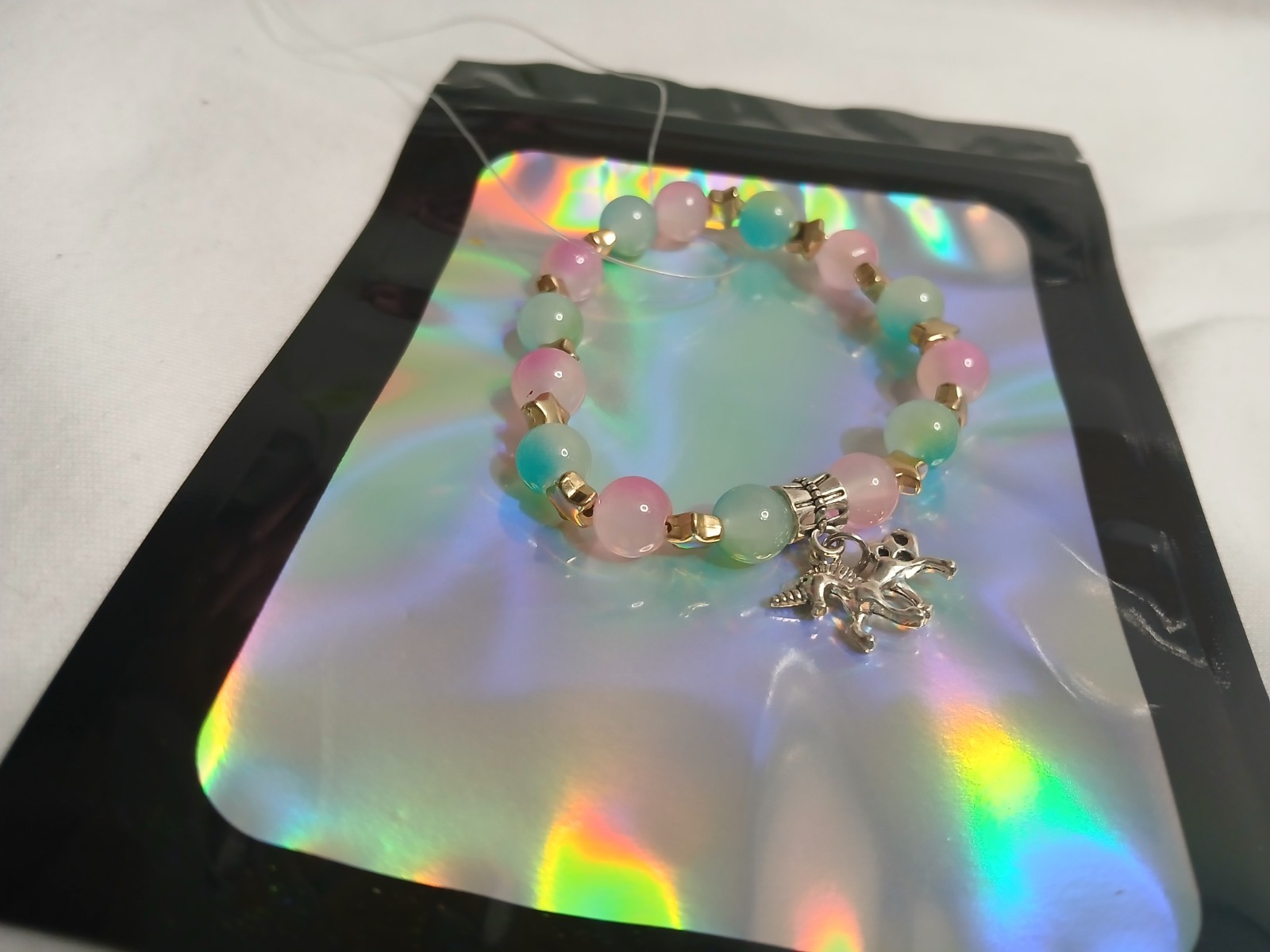 Multicolor Stretch Beaded Charm Bracelet, Beach Theme, Round Beads, Dangle Charm