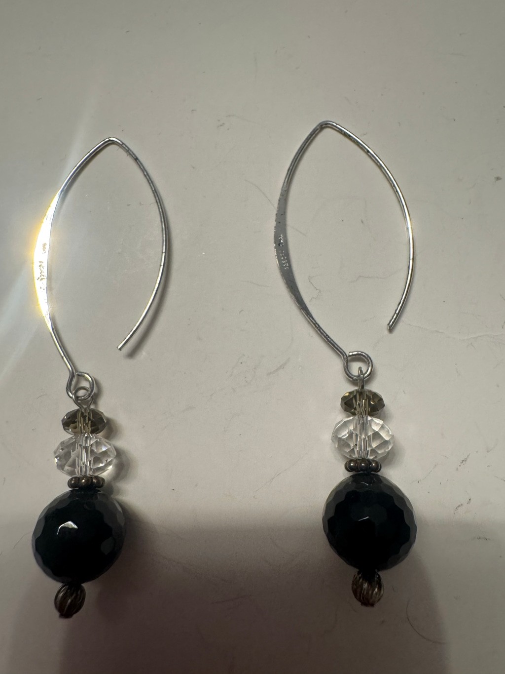 Black Faceted Bead & Crystal Drop Dangle Earrings Silver Tone Hook Boho Handmade