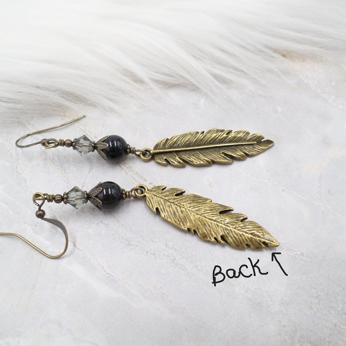 Boho Earrings, Antique Brass Feather with Black Faux Pearls & Crystal Jewelry