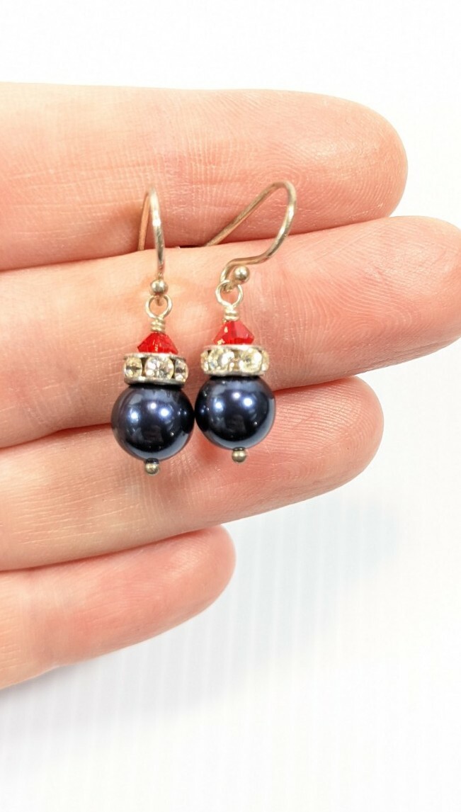Sterling Silver 925 Red Crystal Blue Gray Faux Pearl Dangle Earrings 15048