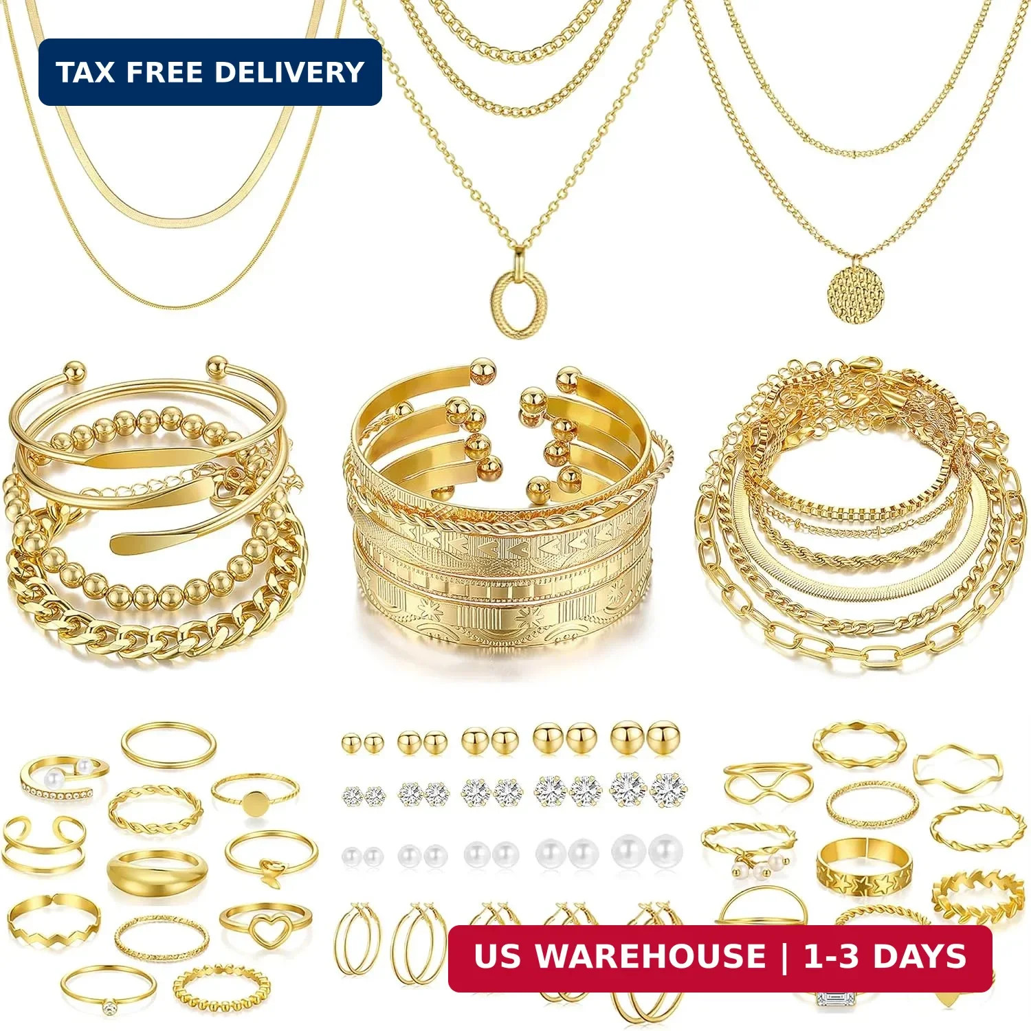FAXHION 68 Pcs Gold Jewelry Set for Women with 7 Necklace, 17 Bracelet, 5 Hoop E