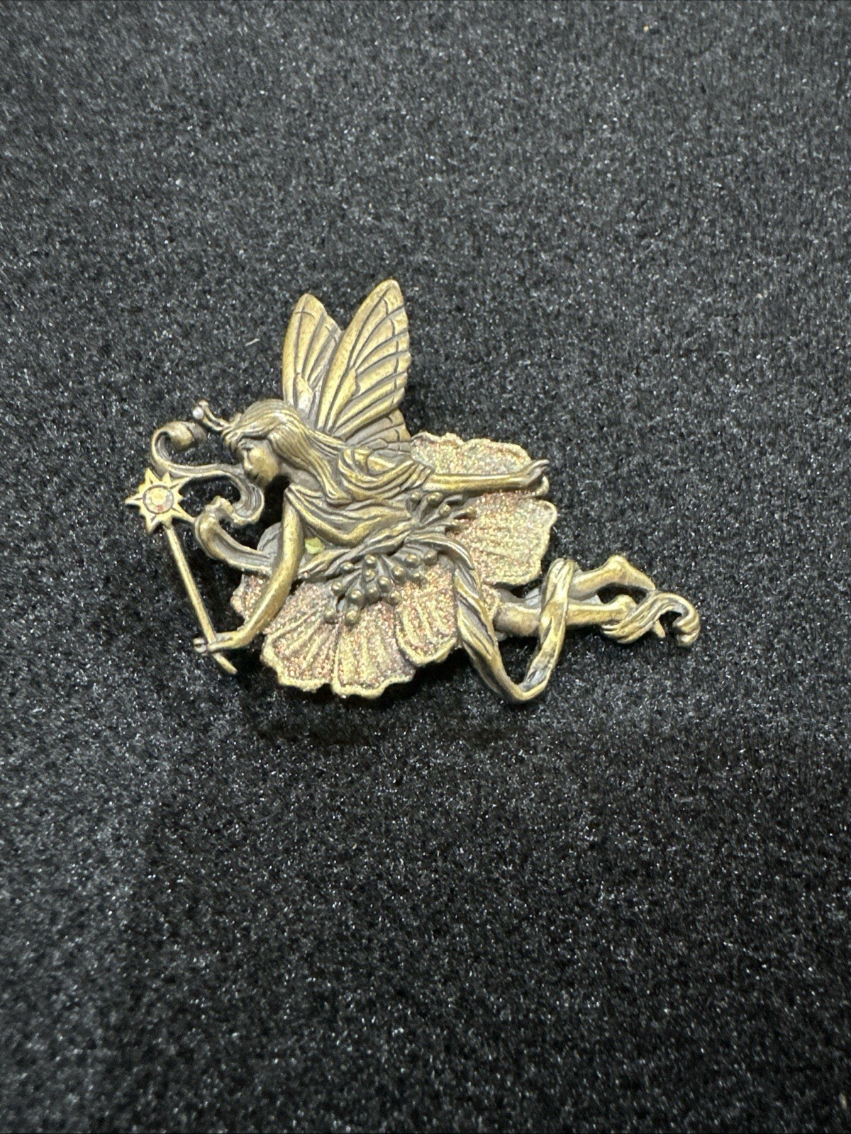 Beautiful JJ Jonette Jewelry Brass Glittery Flying FAIRY Brooch Pin🔥🔥🔥