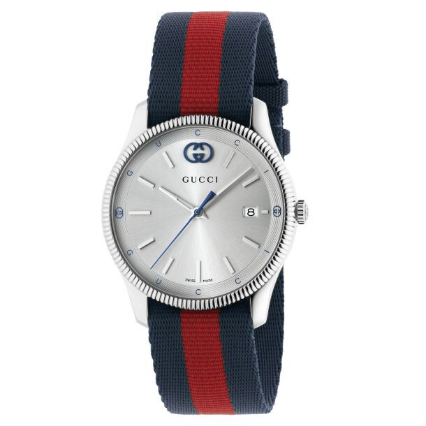 Gucci G-Timeless Silver Dial Blue and Red Nylon Strap Watch 38mm YA1264237
