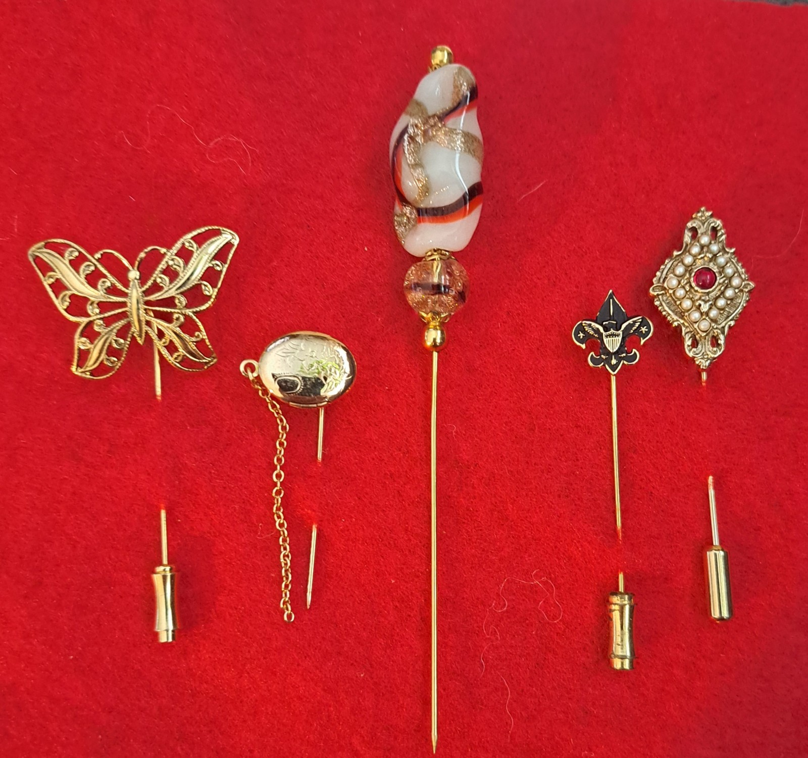 Lot of 5 Unique Vintage/Art Deco Stick Pins Gold Tone Variety See Description