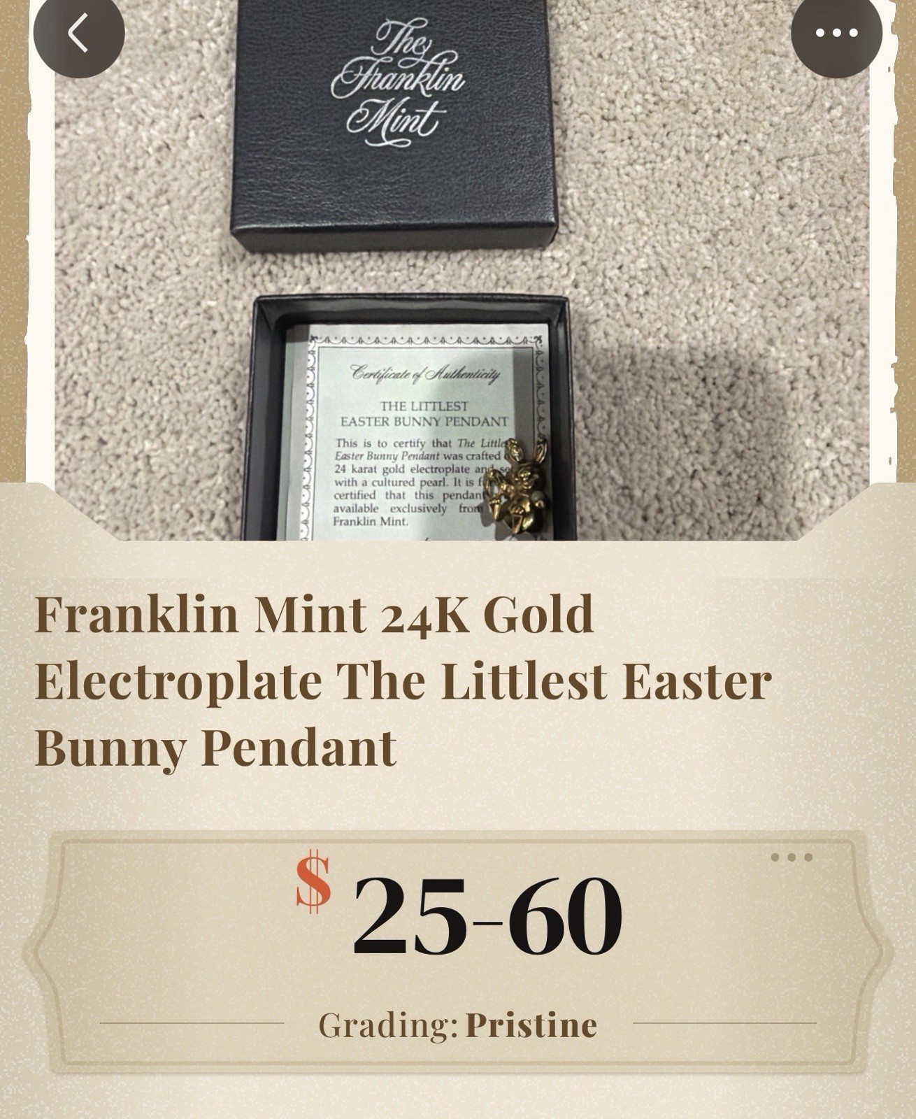 The Franklin Mint Littlest Easter Bunny Rabbit Charm Pendant Gold Plated Pearl