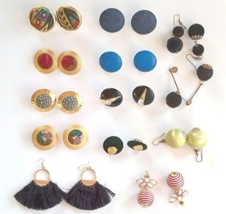 Vintage 13 pairs fabric faux leather silk velvet pierce clip on earrings lot