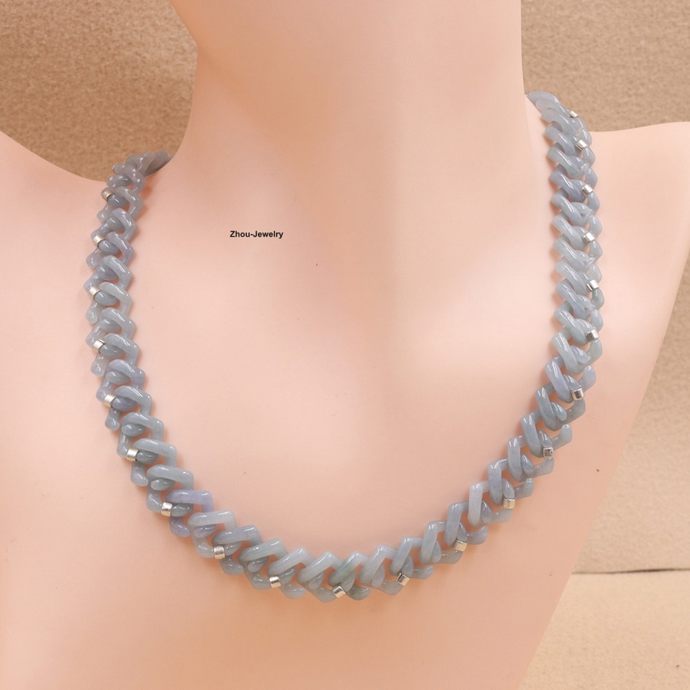 Natural Blue Water Jadeite Cuban Link Chain Necklace -Authentic Gemstone Jewelry