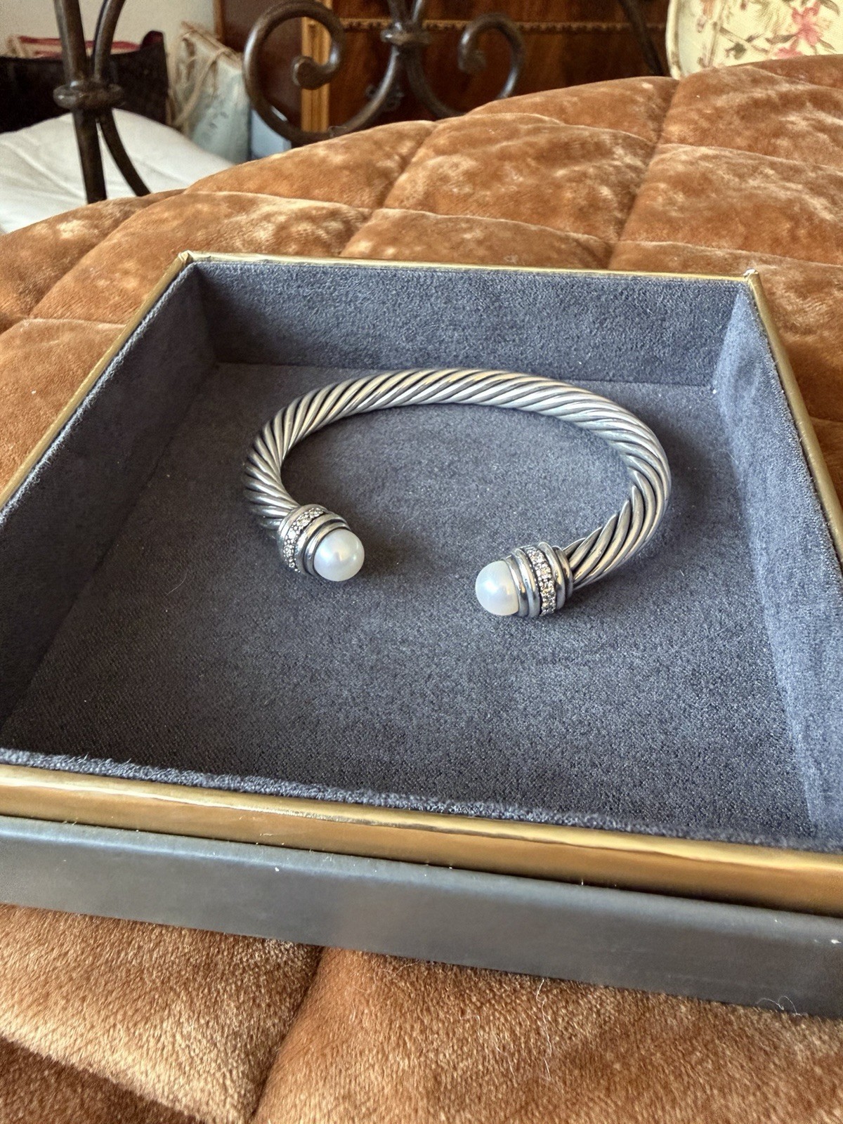 Silver Tone Rope Cable Open Cuff Bracelet with 2 Round White Pearl Ends