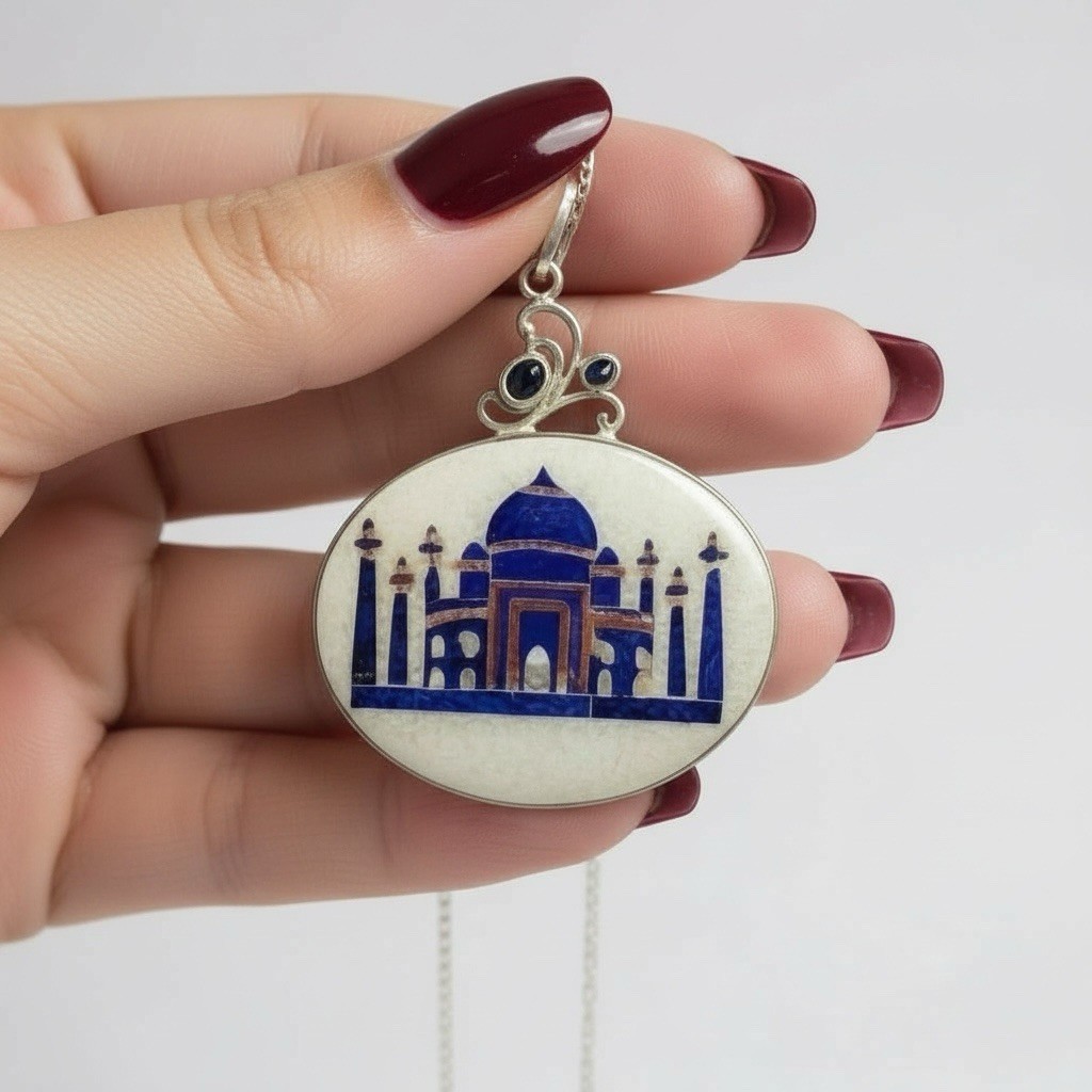 Arya 925 Sterling Silver Taj Mahal Druzy, MOP Multi-Stone Pendant + 30” Chain