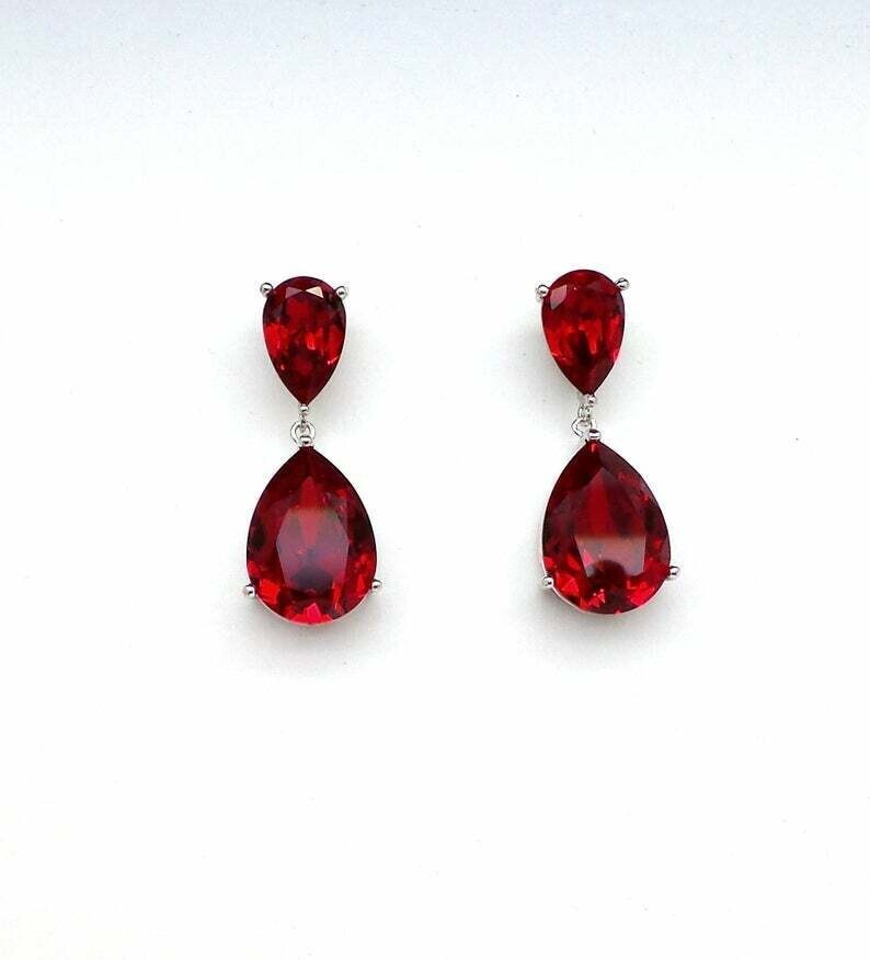 Pear Cut Simulated Garnet Stunning Drop/Dangle Earrings In 14k White Gold Plated