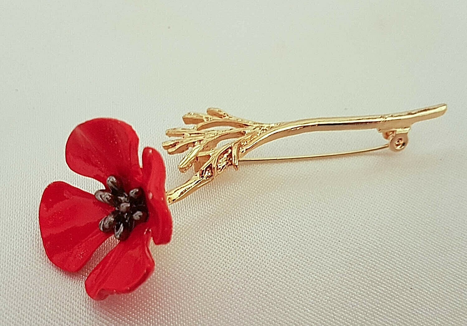 Enamel Red Poppy on Gold Stem Approx 75mm x 30mm By CassysJules
