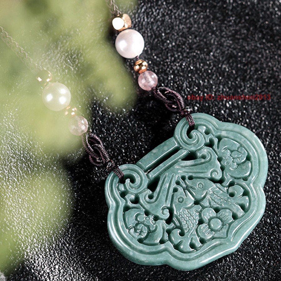 Retro Natural Grade A Jade Jadeite Women Lucky Amulet Ruyi Lock Pendant Necklace