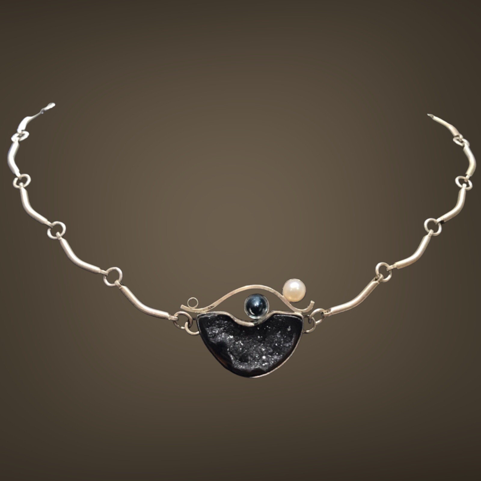 sterling silver brutalist modernist druzy blue eye necklace 17” Not Stamped