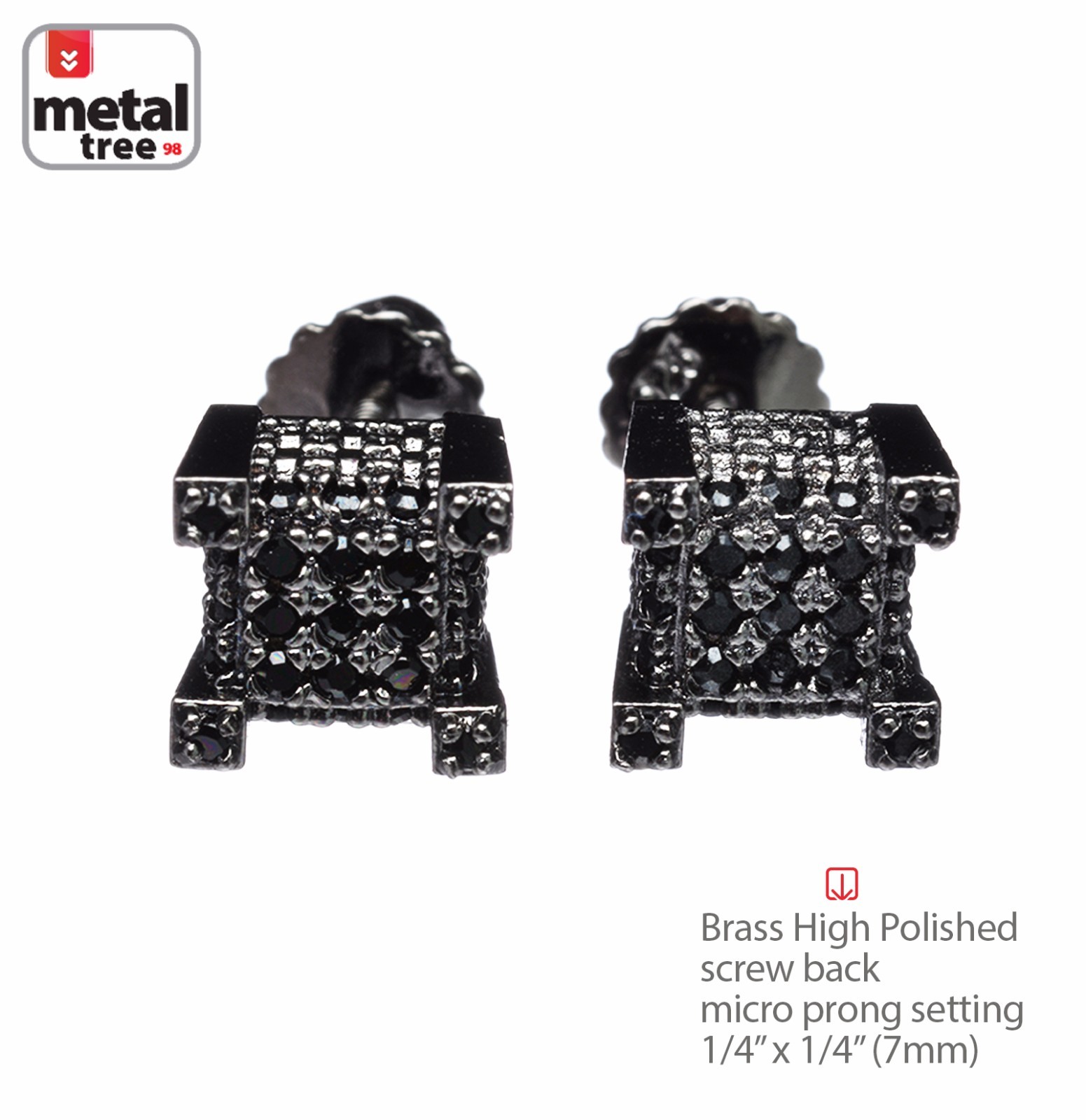 Men’s 3D Cube Block Brass BK Plated Pave CZ Setting Screw Back Earrings 924 3T