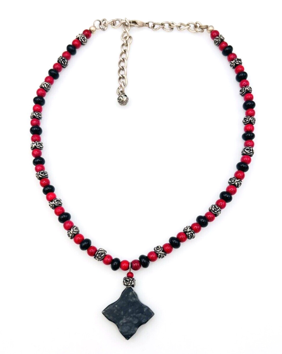 Handmade Artisan Beaded Red Black Stone Pendant Necklace